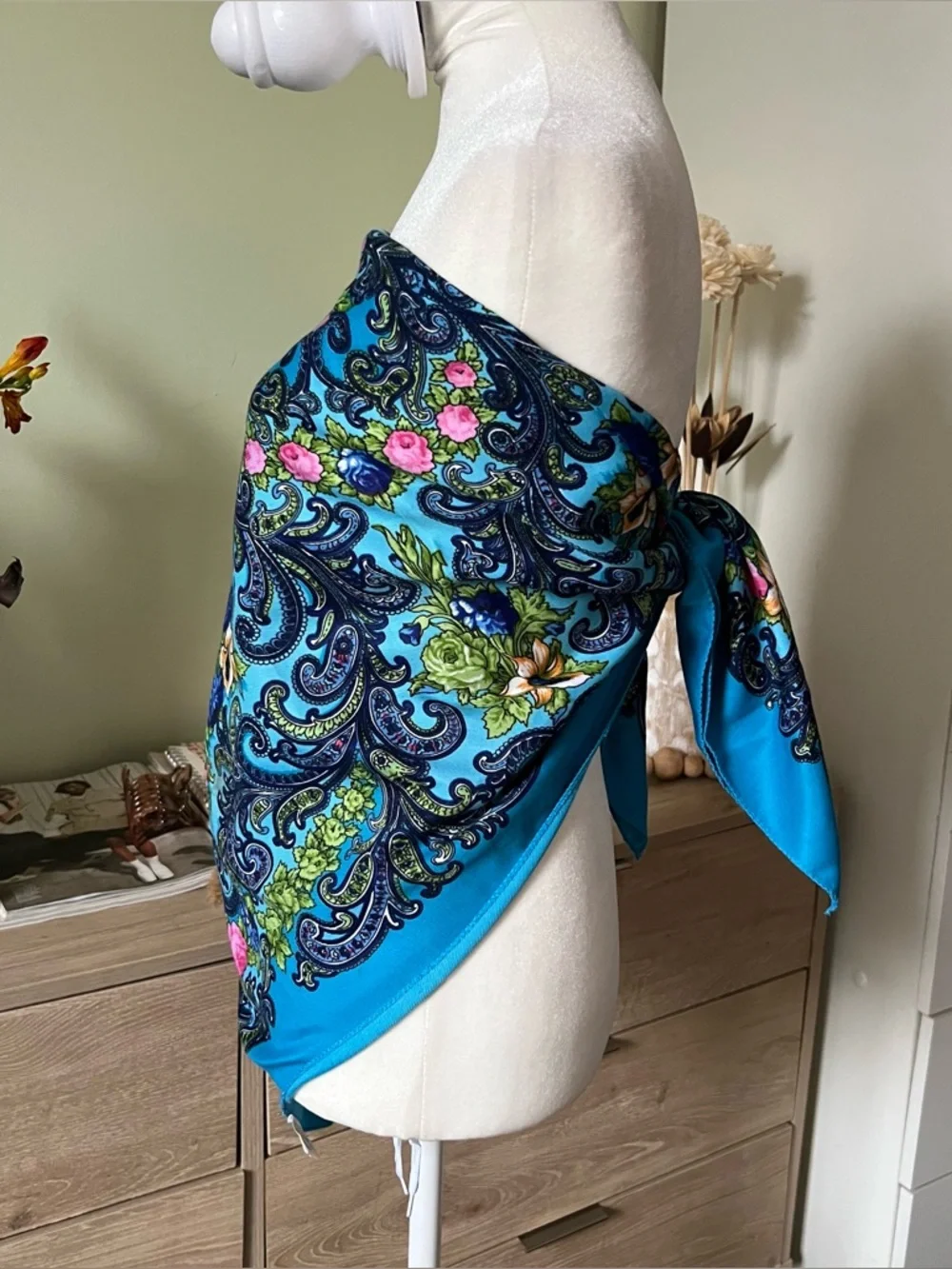 Turquoise Blue Colorful Floral Paisley Multi-Use Scarf Head-Covering Accessory